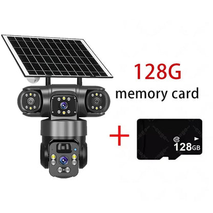 Cámara IP WiFi de 15 MP y 8K con tres lentes, resistente al agua y con carga solar para exteriores. Incluye visión nocturna, audio bidireccional y detección humana. Cámara de seguridad CCTV.