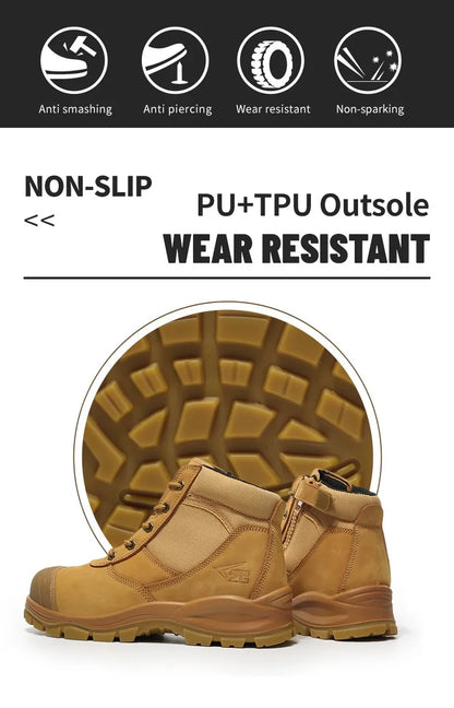 Botas de seguridad de lujo de caña alta en piel de vacuno para hombre, con puntera de acero, protección antiimpactos y antipinchazos, resistentes al desgaste.