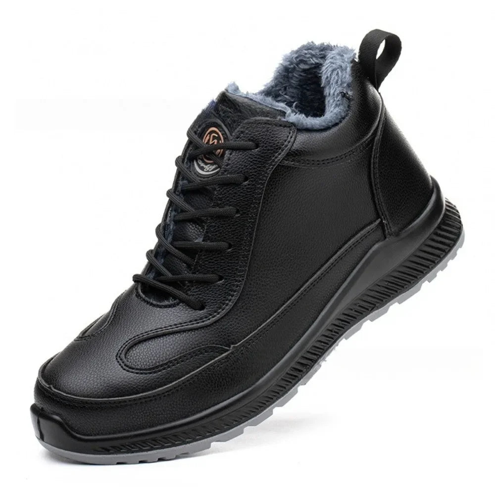 Calzado de seguridad de felpa para trabajos de invierno, resistente a impactos y perforaciones, fabricado en piel sintética de microfibra y algodón.