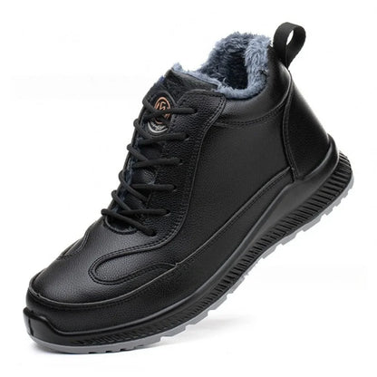 Calzado de seguridad de felpa para trabajos de invierno, resistente a impactos y perforaciones, fabricado en piel sintética de microfibra y algodón.
