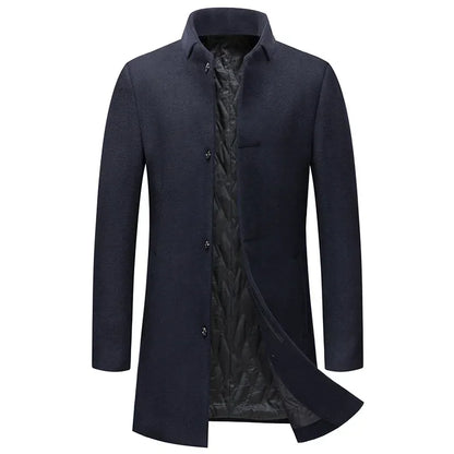 Black Men Wool Long Trench Coat Stylish Single Breasted Quilted Lined Wool Blend Pea Coats Men Winter Cashmere Coat Windbreaker