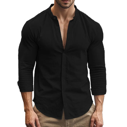 Camisas Henry para hombre, de algodón y lino, corte ajustado, informales, hawaianas, de color liso, estilo básico, para primavera y verano, transpirables.