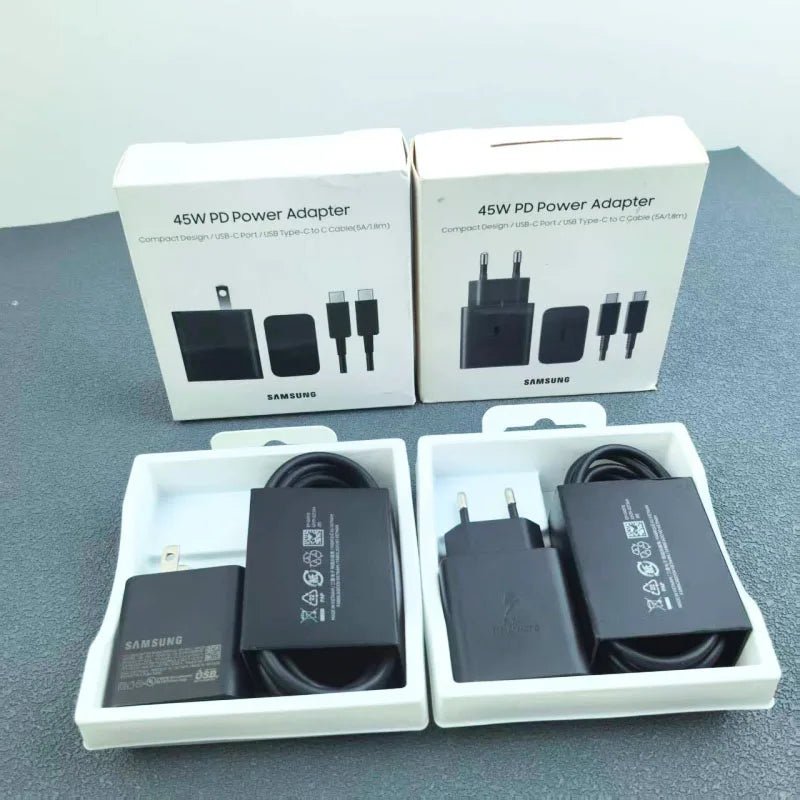 Cargador Samsung EP-T4510 de 45 W PD, carga súper rápida para Galaxy S25 Ultra Plus S24 S23 A56 C55, adaptador EU/EE. UU./Reino Unido, cable tipo C de 1,8 m.