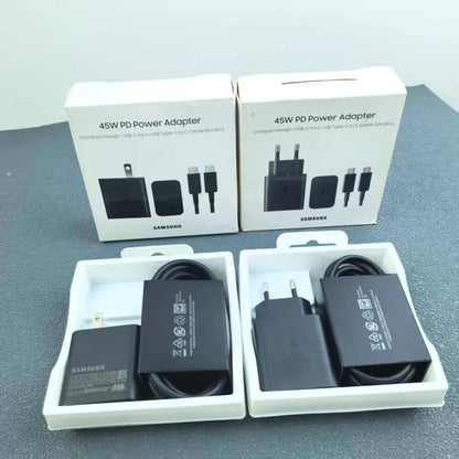 Cargador Samsung EP-T4510 de 45 W PD, carga súper rápida para Galaxy S25 Ultra Plus S24 S23 A56 C55, adaptador EU/EE. UU./Reino Unido, cable tipo C de 1,8 m.