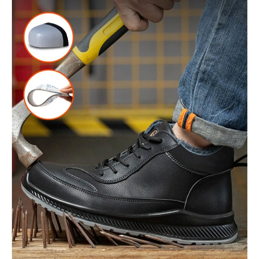 Calzado de seguridad de felpa para trabajos de invierno, resistente a impactos y perforaciones, fabricado en piel sintética de microfibra y algodón.