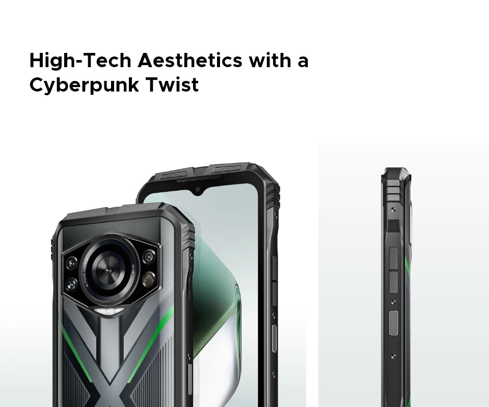 Teléfono resistente DOOGEE S Cyber ​​Pro, 12 GB de RAM, 512 GB de almacenamiento, procesador Helio G100, pantalla IPS FHD+ de 6,6" y 120 Hz, batería de gran capacidad de 10800 mAh, carga de 33 W y NFC.