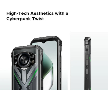 Teléfono resistente DOOGEE S Cyber ​​Pro, 12 GB de RAM, 512 GB de almacenamiento, procesador Helio G100, pantalla IPS FHD+ de 6,6" y 120 Hz, batería de gran capacidad de 10800 mAh, carga de 33 W y NFC.