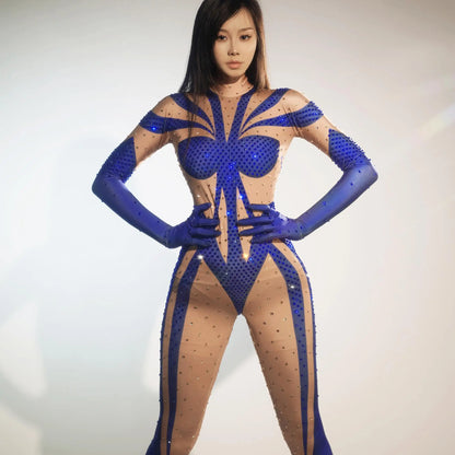 Female Sexy Stretch Long Sleeve Bodycon Bodysuit Exotic Pole Dancer Outfit Crystal Rompers Skinny Women Club Prom Party Jumpsuit