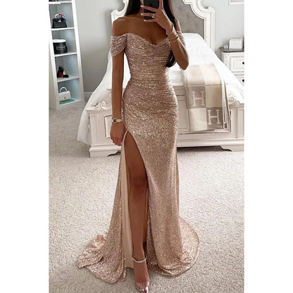 Vestido de fiesta sexy con abertura lateral y lentejuelas brillantes para mujer, de poliéster, sin bordes, ligero y a la moda.