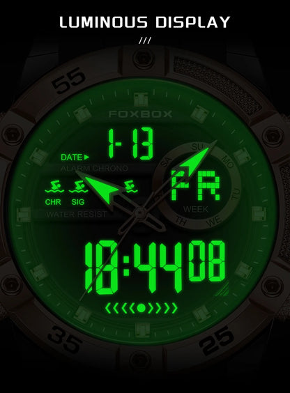 Reloj de pulsera de cuarzo de lujo FOXBOX para hombre, deportivo, impermeable, con doble pantalla, LED digital militar, de acero, para negocios + caja.