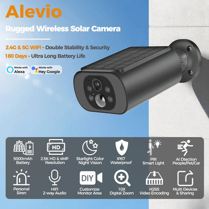 Cámara solar exterior ALEVIO, cámara de seguridad inalámbrica WiFi, 2.5K, ultra larga duración en espera, luz PIR, visión nocturna a color, detección por IA.