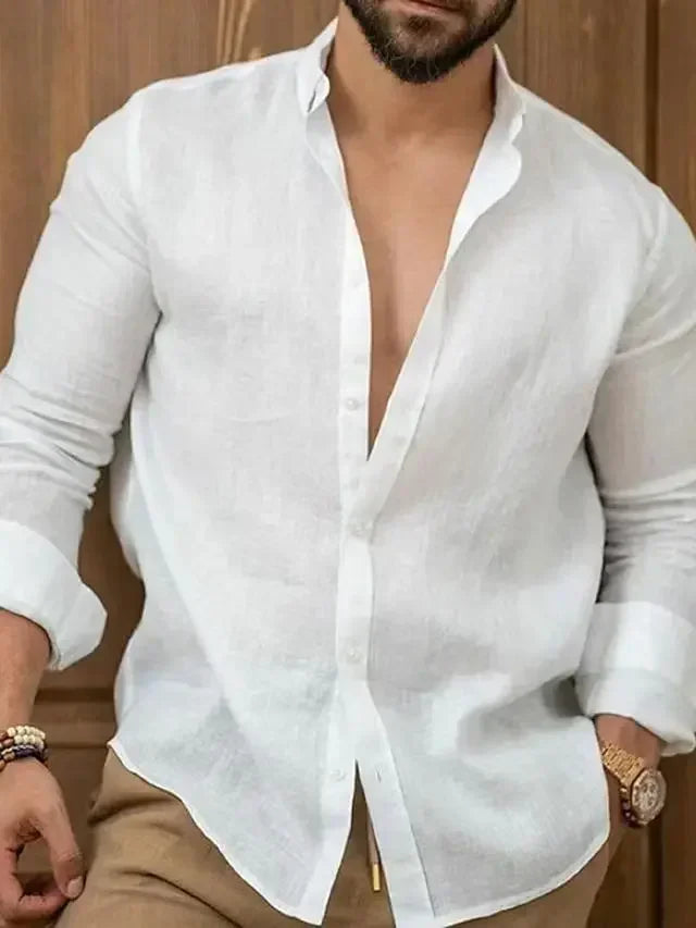 Camisa de hombre de color liso, de algodón y lino, estilo juvenil informal