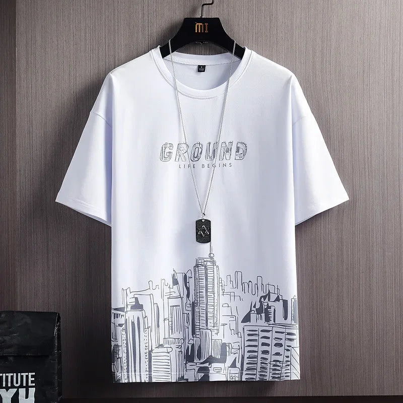 Conjunto deportivo de dos piezas para hombre, camiseta de manga corta a la moda, estilo veraniego, con estampado de montañas nevadas, corte entallado, versión coreana