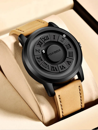 Relojes FOXBOX para hombre, marca de lujo, de cuero, resistente al agua, reloj de pulsera de cuarzo con puntero de desplazamiento y fuerza magnética.