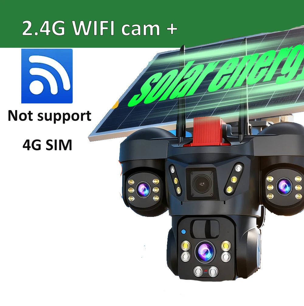 Cámara de vigilancia solar 8K 15MP con tres pantallas, WiFi, seguimiento automático, PTZ, tarjeta SIM 4G, cámara IP solar inalámbrica V380 Pro