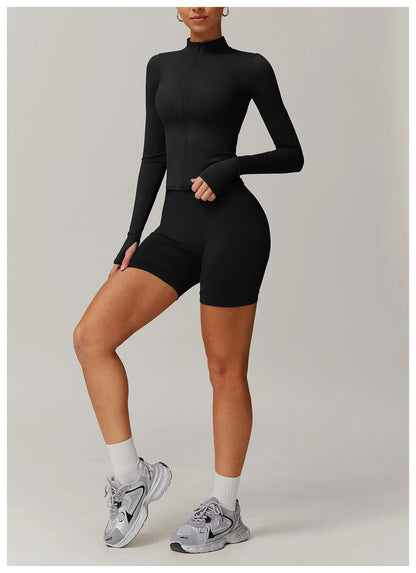 Conjunto deportivo de 2 piezas para mujer, chándal para correr, entrenamiento, con cremallera, pantalones cortos de manga larga, ropa de yoga, ropa deportiva