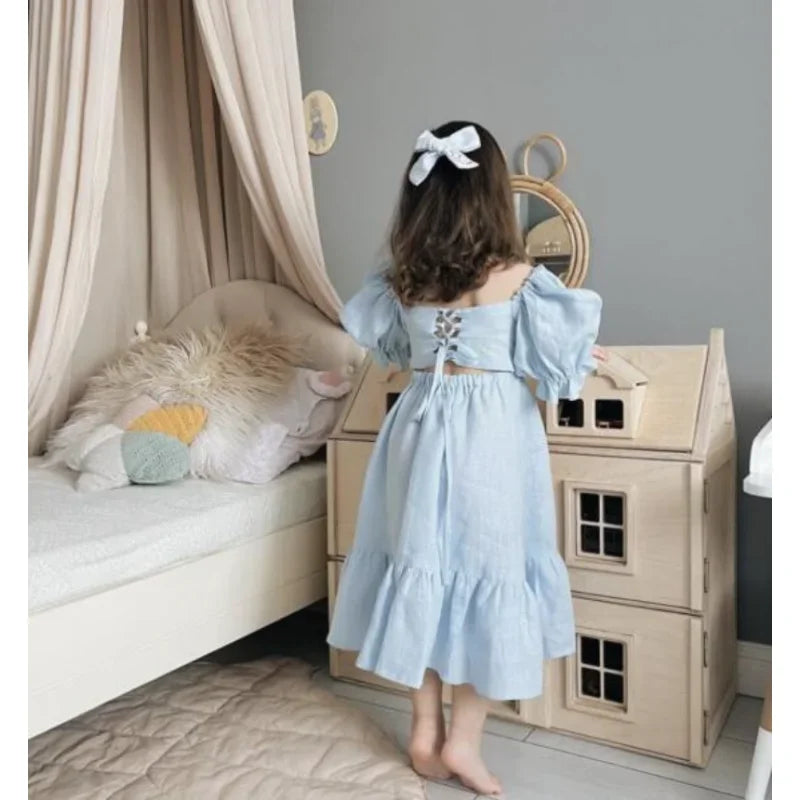 Vestido de verano para niñas, de algodón y lino, con espalda ajustada y mangas abullonadas, estilo princesa, sencillo y dulce, 2023