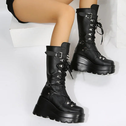 Women's Goth Platform Motorcycle Boots Punk Rivet Buckle Strap Combat Booties for Women Thick Bottom Wedge Heels Mid Calf Boots