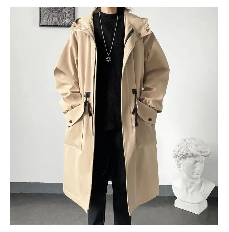 2025 Spring Autumn  Green Windbreaker Fashion Men Mid-length Casual Hooded Coat Men Daily High Street Overcoat Male Clothes