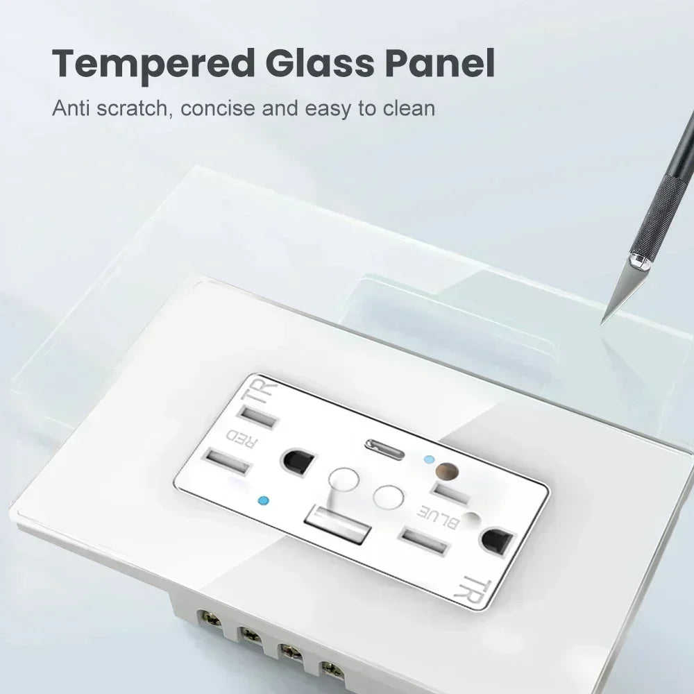 Enchufe inteligente de pared Melery Tuya WIFI para EE. UU. con doble salida, USB tipo C, carga rápida PD de 20 W, cristal, control remoto compatible con Alexa y Google Home.