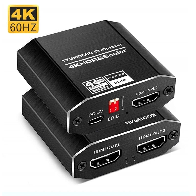 Conecta 1 señal a 2 pantallas HDMI 4K a 60 Hz. Divisor HDMI 1 entrada, 2 salidas con cable HDMI de alta velocidad escalar compatible con HDCP 2.2.