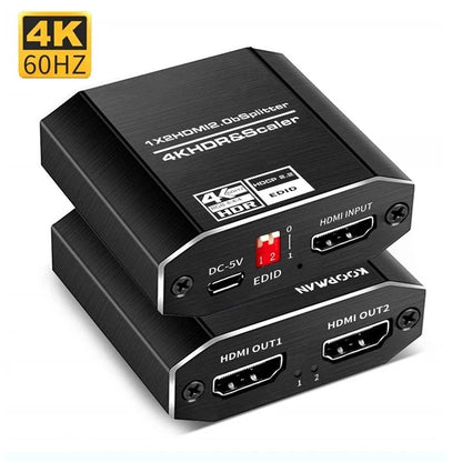 Conecta 1 señal a 2 pantallas HDMI 4K a 60 Hz. Divisor HDMI 1 entrada, 2 salidas con cable HDMI de alta velocidad escalar compatible con HDCP 2.2.