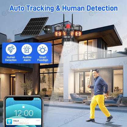 Cámara de vigilancia solar 8K 15MP con tres pantallas, WiFi, seguimiento automático, PTZ, tarjeta SIM 4G, cámara IP solar inalámbrica V380 Pro