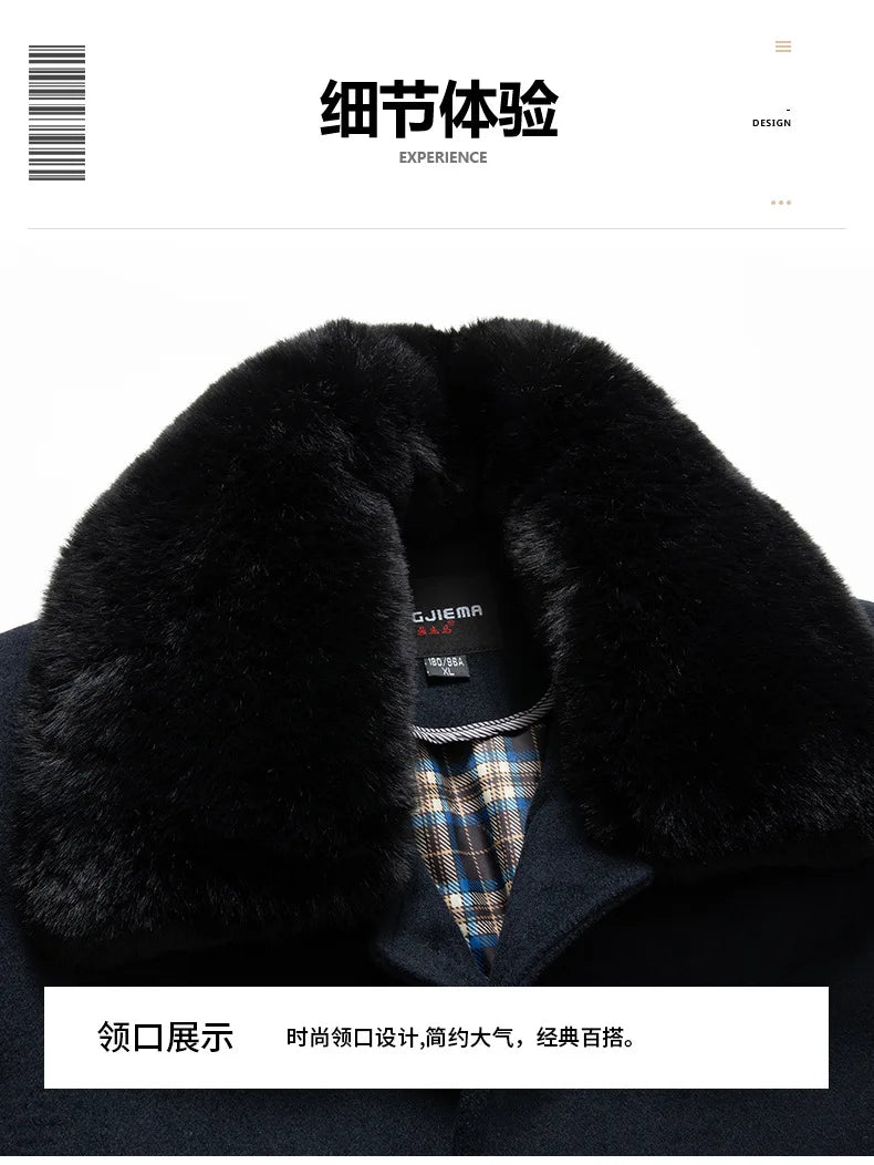 Abrigos de lana con cuello de piel para hombre, estilo informal de negocios, chaquetas extralargas de cachemir, gabardinas de invierno, forro polar de alta calidad para hombre, mezcla de lana cálida