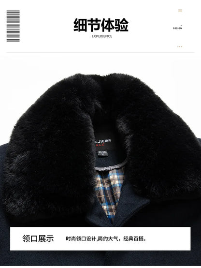 Abrigos de lana con cuello de piel para hombre, estilo informal de negocios, chaquetas extralargas de cachemir, gabardinas de invierno, forro polar de alta calidad para hombre, mezcla de lana cálida