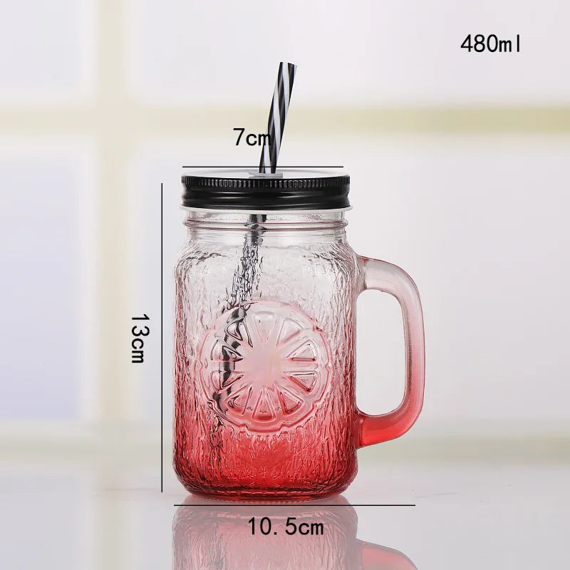 Jarra de vidrio de 480 ml, 500 ml y 16 oz con tapa de hierro y pajita de plástico, cuadrada, con degradado de color.