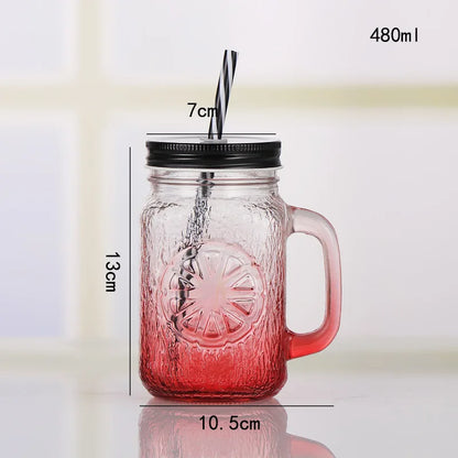 Jarra de vidrio de 480 ml, 500 ml y 16 oz con tapa de hierro y pajita de plástico, cuadrada, con degradado de color.