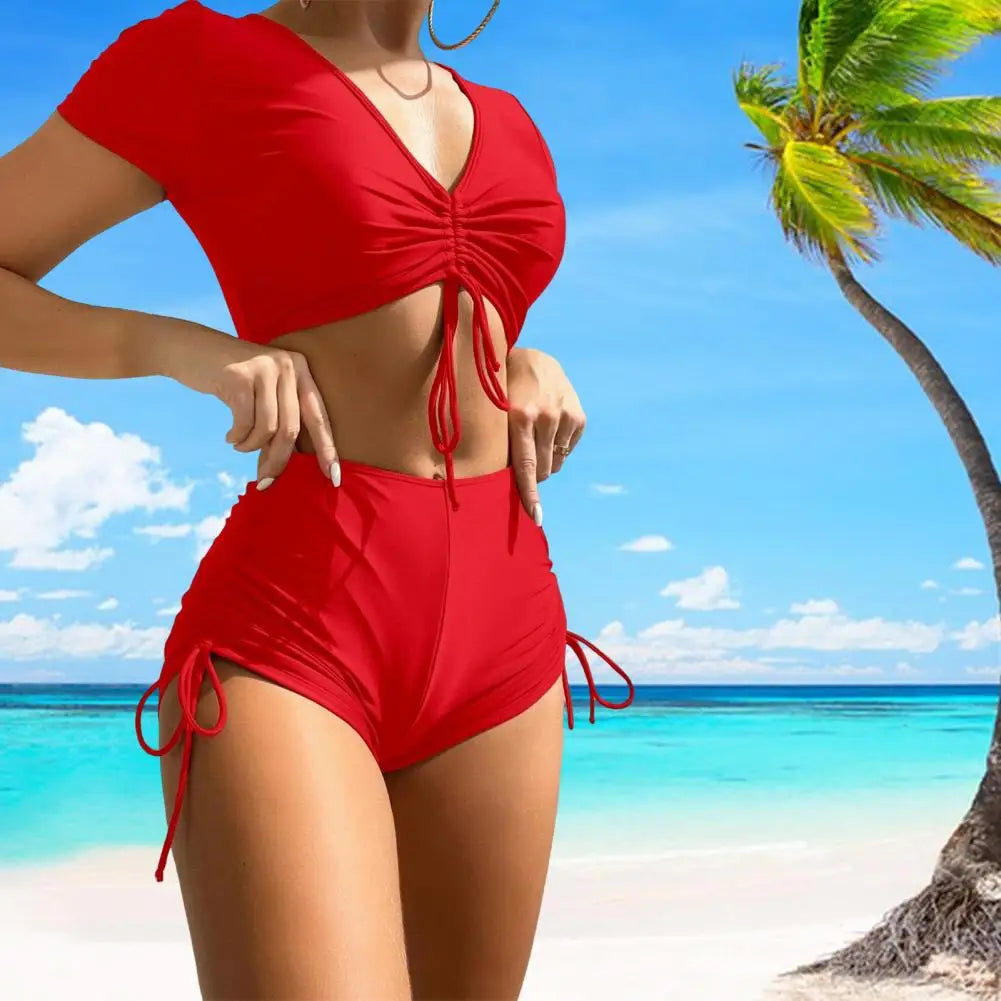 2Pcs/Set Swimsuit for Women Bikini Set V-Neck Short Sleeve Tops High Waist Drawstring Swimming Trunks Quick Drying Swimsuit