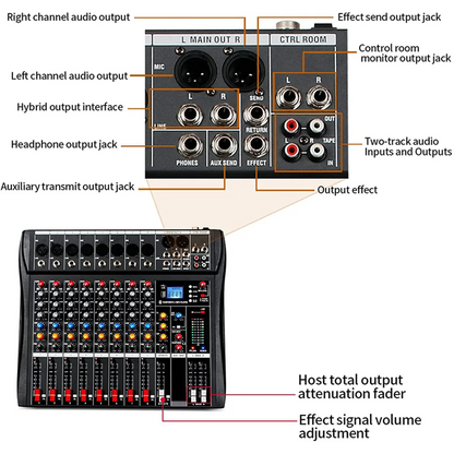 Mezclador de audio BOMGE de 8 canales, consola de mezcla de sonido con Bluetooth, entrada de grabación USB para PC, conector de micrófono XLR, alimentación de 48 V