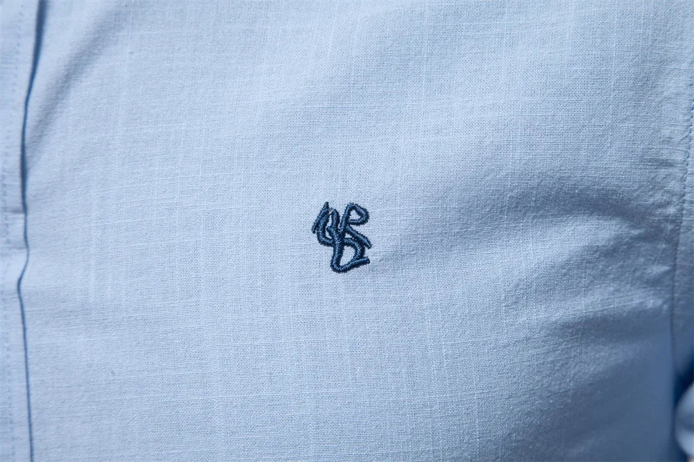 Camisa de lino 100% algodón para hombre, camisas de marca con bordado de color liso, blusas informales de manga larga de alta calidad con botones