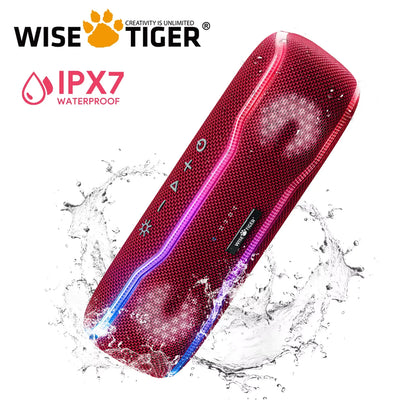 Altavoz Bluetooth inalámbrico rojo WISETIGER F10C, resistente al agua IPX7, para exteriores, con luz RGB BT5.3, estéreo y sonido envolvente.