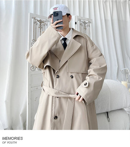 Gabardina de hombre, corte ajustado, cruzada, con cinturón, cortavientos, solapa, chaqueta larga, informal, impermeable, tallas M-5XL