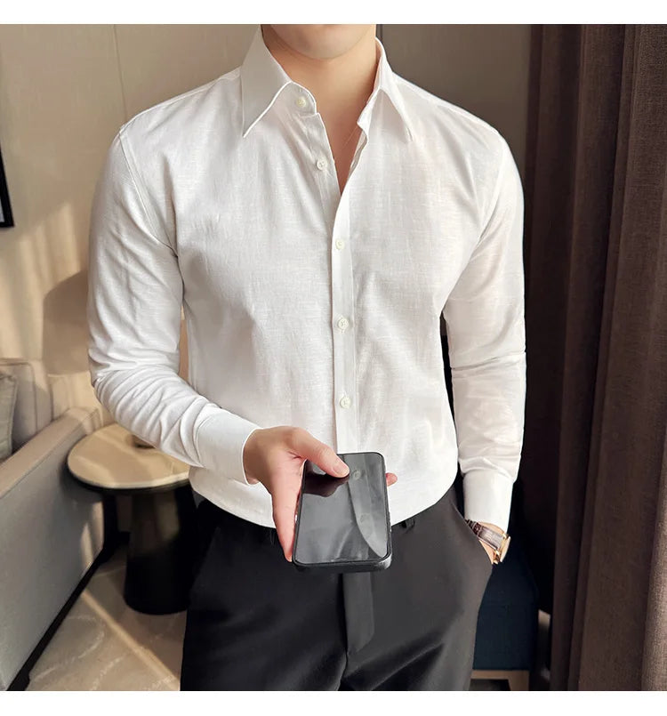 Camisa de hombre de color liso de alta calidad, 55 % algodón y 45 % lino, transpirable y con absorción de sudor, de manga larga. Tallas M-4XL.