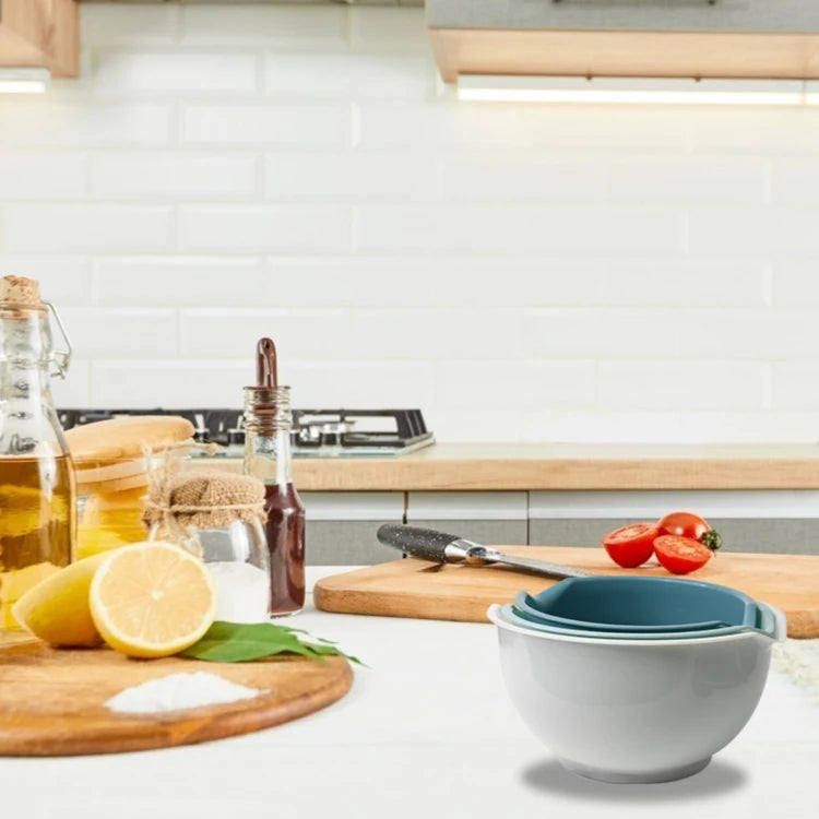 3 cuencos de plástico para mezclar ensaladas, frutas, verduras y aperitivos.