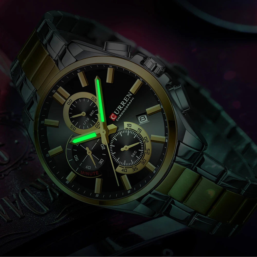 CURREN - Reloj cronógrafo de acero inoxidable para hombre con manecillas luminosas, tres subesferas, fecha automática, diseño moderno, de cuarzo
