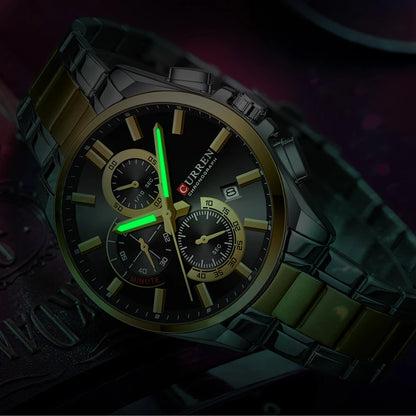 CURREN - Reloj cronógrafo de acero inoxidable para hombre con manecillas luminosas, tres subesferas, fecha automática, diseño moderno, de cuarzo