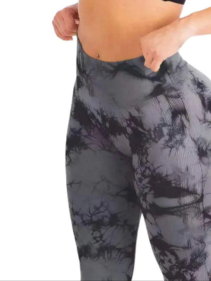 Pantalones de yoga de diseño, teñidos con la técnica tie-dye, cintura ancha, corte ajustado, sin costuras, efecto melocotón en la cadera, pantalones deportivos.