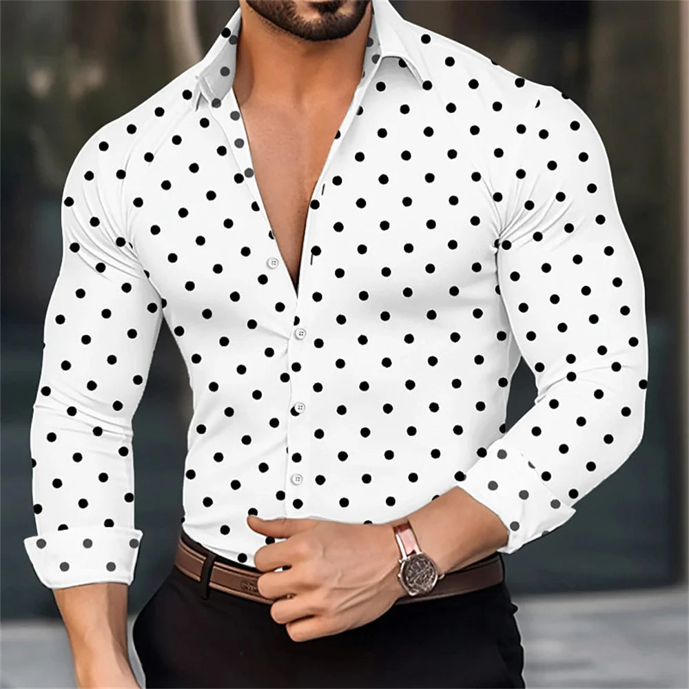 Camisa de manga larga para hombre con estampado de lunares, solapa y botones. Estilo veraniego informal, ideal para la moda hawaiana.