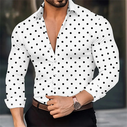 Camisa de manga larga para hombre con estampado de lunares, solapa y botones. Estilo veraniego informal, ideal para la moda hawaiana.