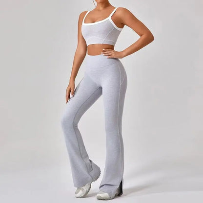 Conjunto deportivo de yoga de verano de 2 piezas con retazos y leggings de cintura alta con abertura para mujer, conjunto de entrenamiento de fitness, chándal deportivo para mujer