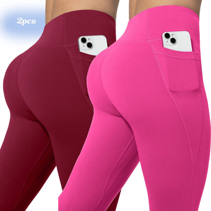 Leggings de yoga para mujer, 2 unidades, con bolsillos, color liso, para gimnasio, actividades al aire libre, cintura alta, ajustados, pantalones deportivos para correr.