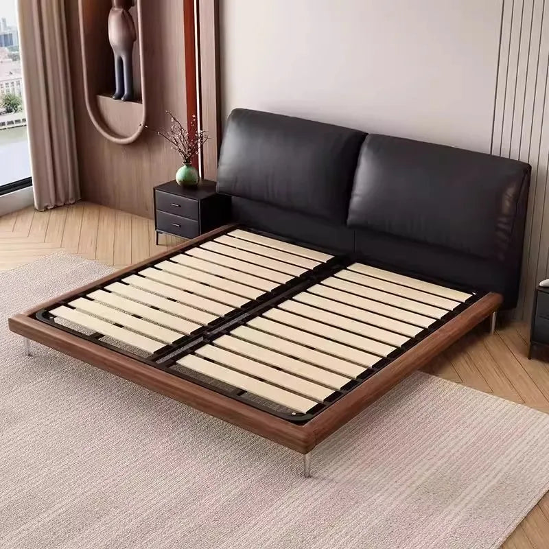 Cama doble europea minimalista con decoración negra, moderna y flexible, tamaño king, de madera, muebles matrimoniales para el hogar