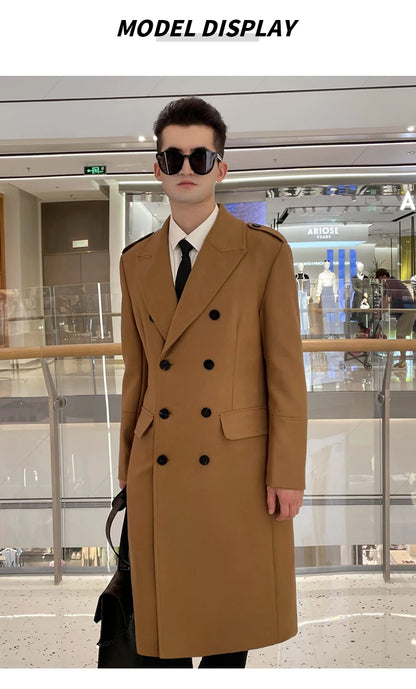 Worsted pure wool coat for men super long, knee length double breasted thickened and warm classic business wool coat for men