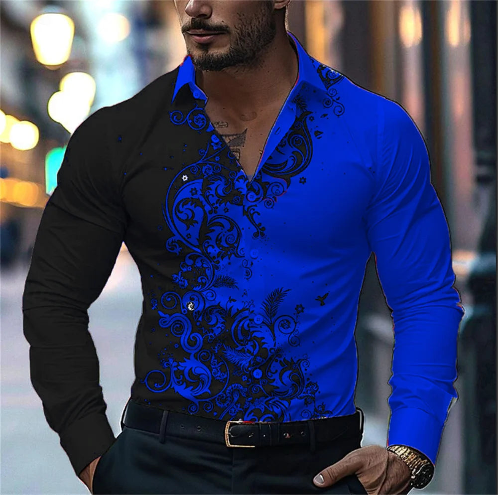 Camisa estampada con degradado para hombre, estilo informal elegante, manga larga con solapa, ideal para fiestas y eventos sociales, 9 colores
