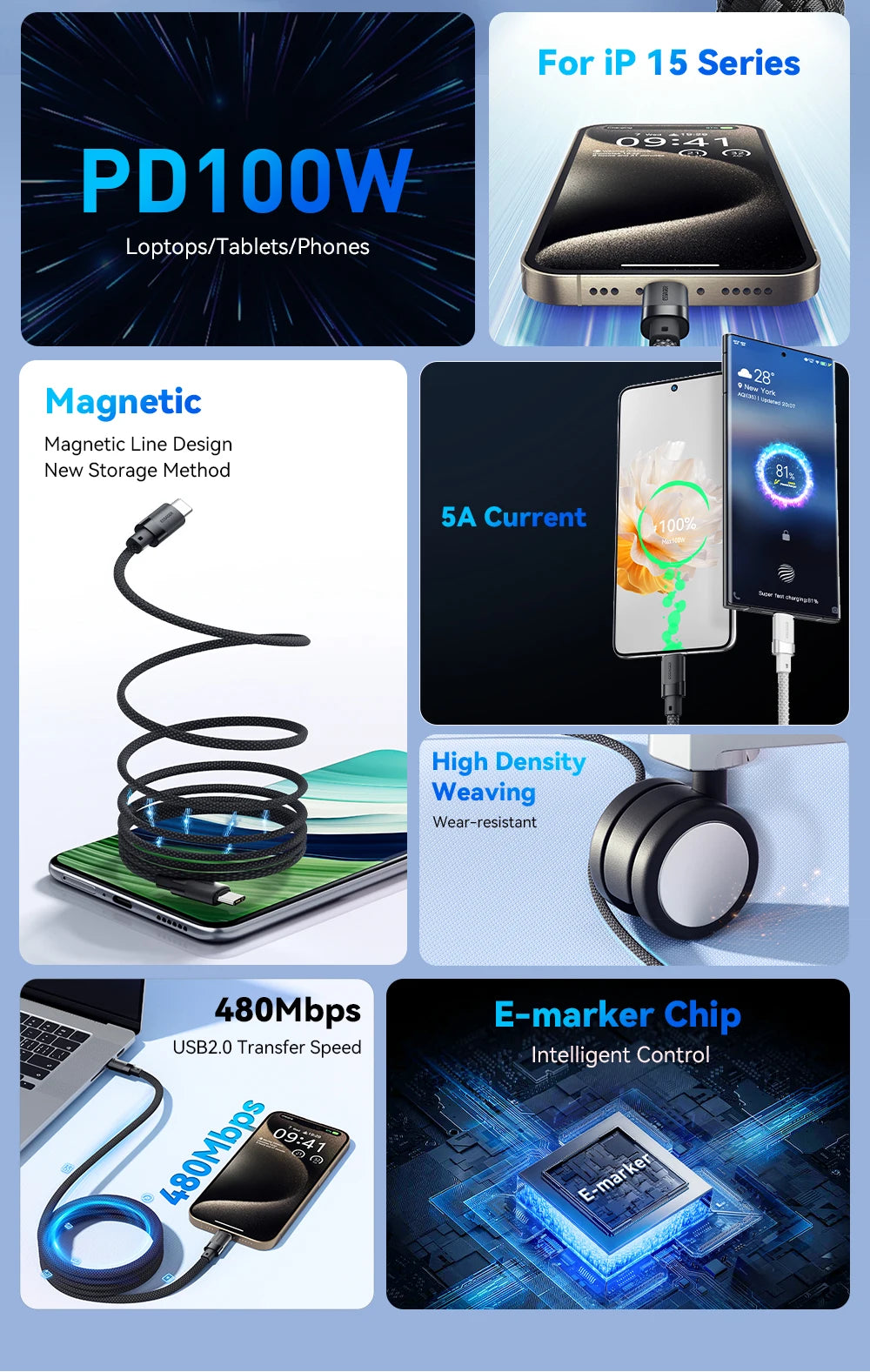 Cable de carga rápida USB-C a C Essager PD de 100 W con succión magnética y antienrollamiento para iPhone 15, portátil y Samsung.