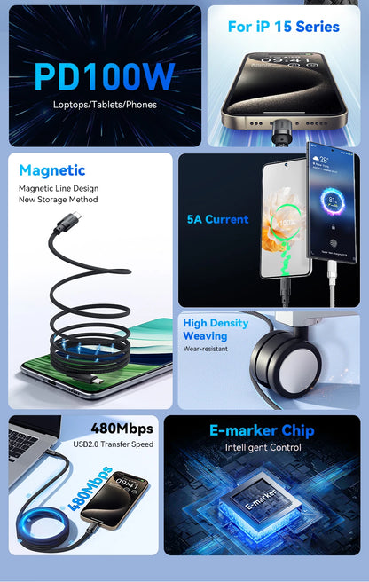 Cable de carga rápida USB-C a C Essager PD de 100 W con succión magnética y antienrollamiento para iPhone 15, portátil y Samsung.